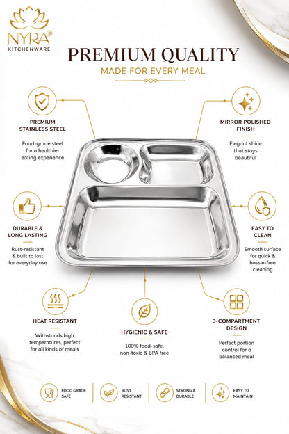 Stainless Steel 3-Compartment Dinner Plate - Ideal for Snacks & Thali Meals