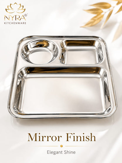 Stainless Steel 3-Compartment Dinner Plate - Ideal for Snacks & Thali Meals