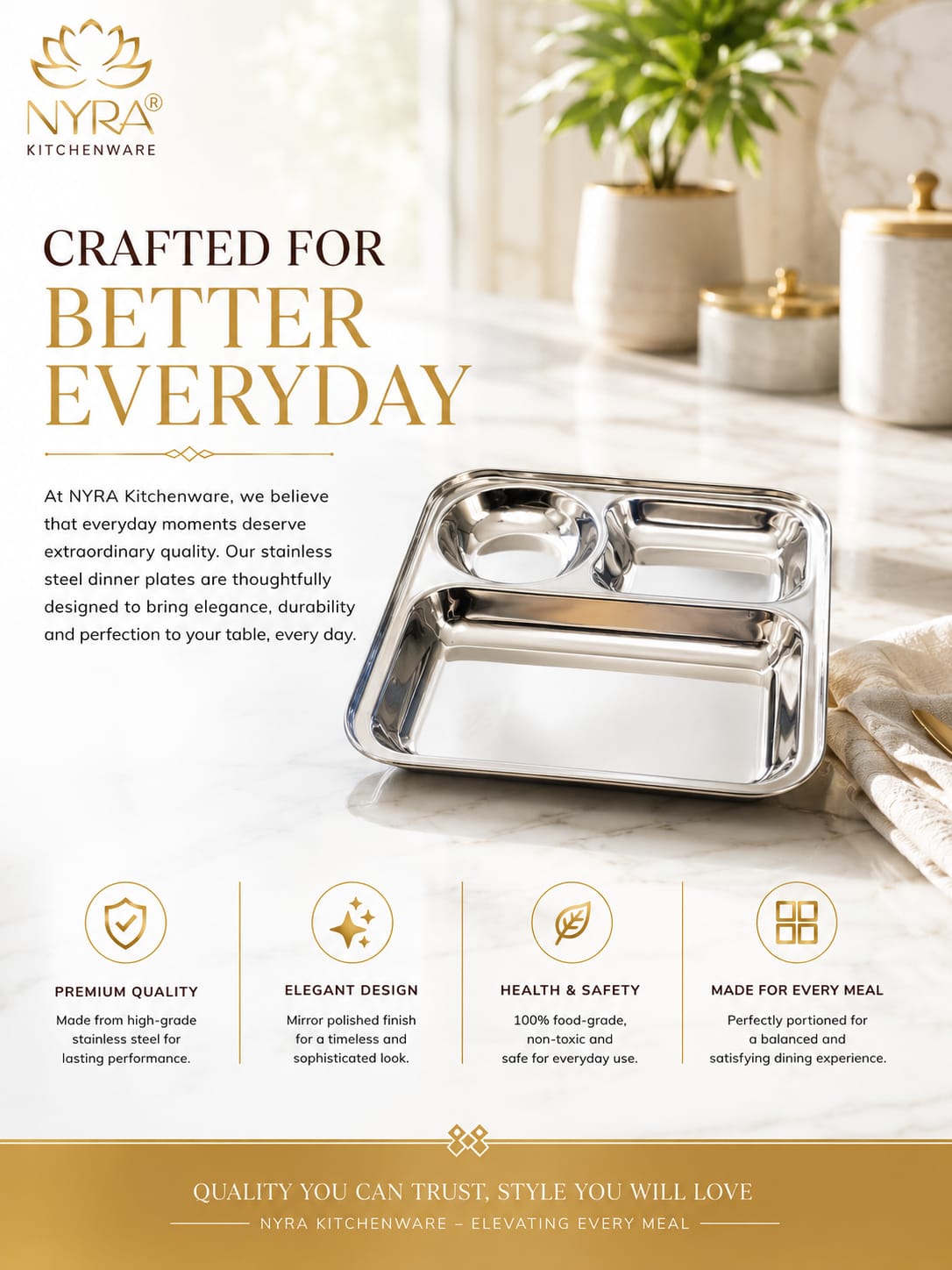 Stainless Steel 3-Compartment Dinner Plate - Ideal for Snacks & Thali Meals