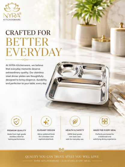 Stainless Steel 3-Compartment Dinner Plate - Ideal for Snacks & Thali Meals