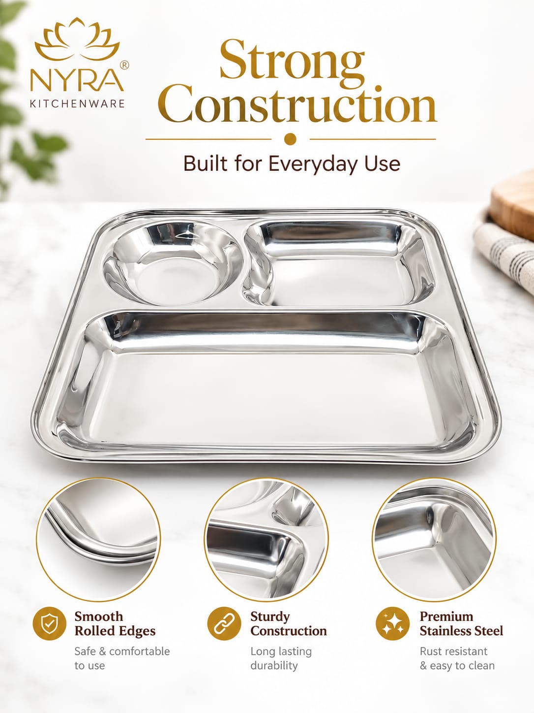 Stainless Steel 3-Compartment Dinner Plate - Ideal for Snacks & Thali Meals