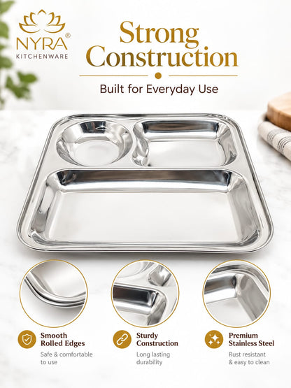 Stainless Steel 3-Compartment Dinner Plate - Ideal for Snacks & Thali Meals