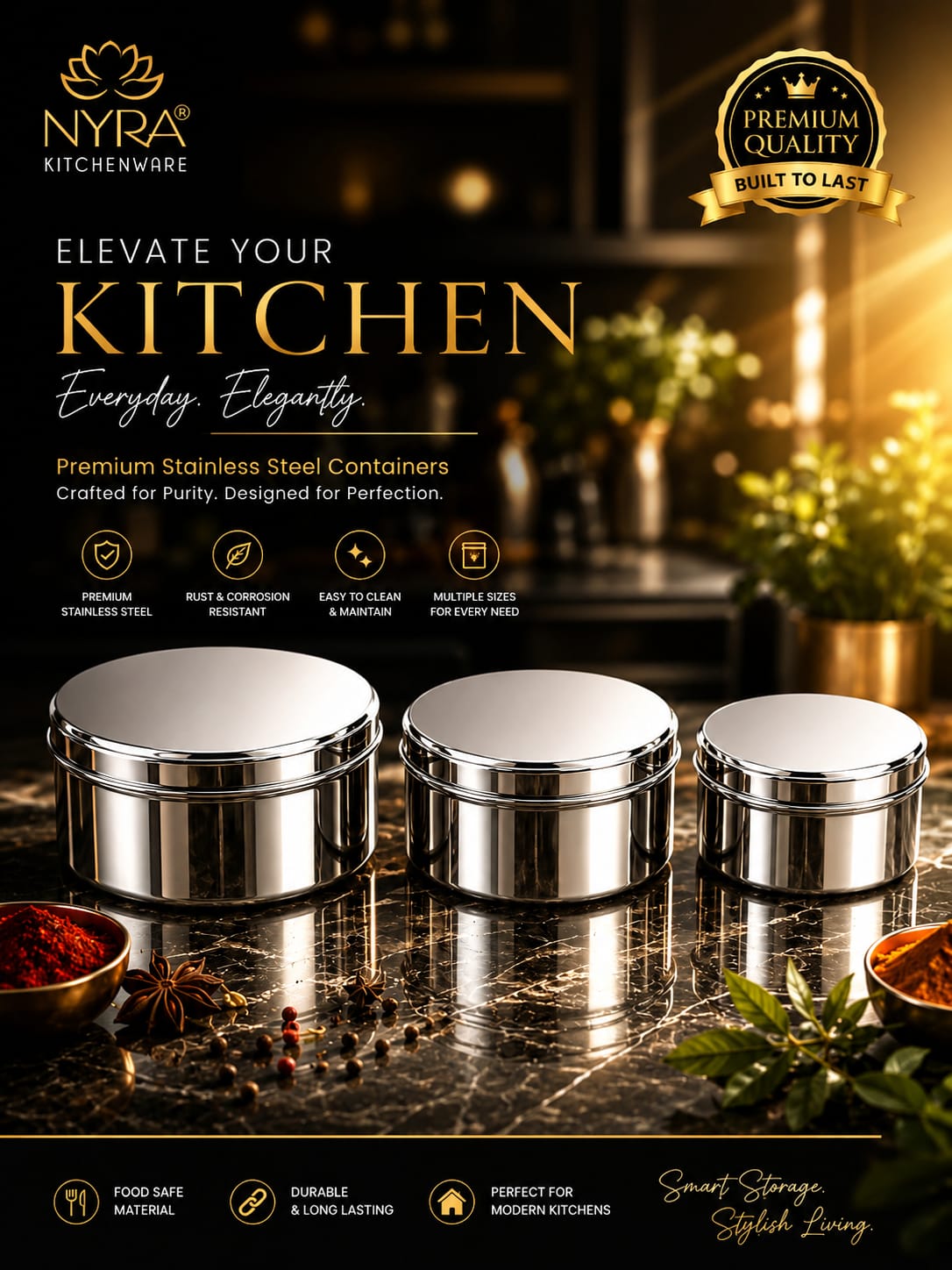 Stainless-Steel Box Round Storage Container (Gol Dibbi/Dabba)- Set of 3