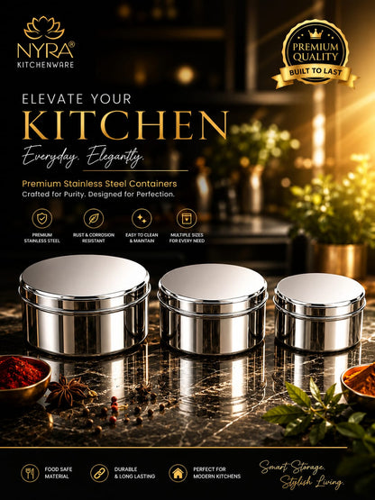 Stainless-Steel Box Round Storage Container (Gol Dibbi/Dabba)- Set of 3