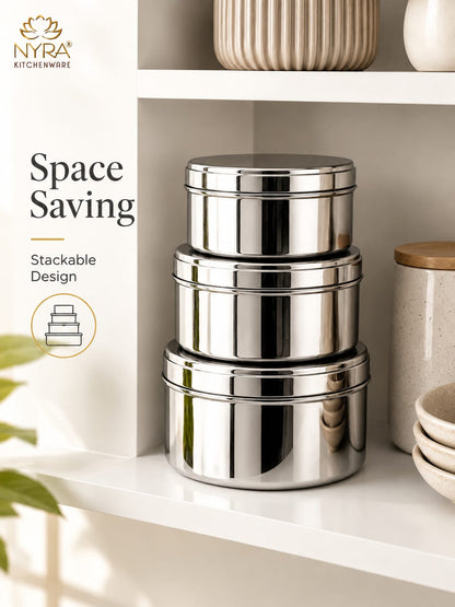 Stainless-Steel Box Round Storage Container (Gol Dibbi/Dabba)- Set of 3