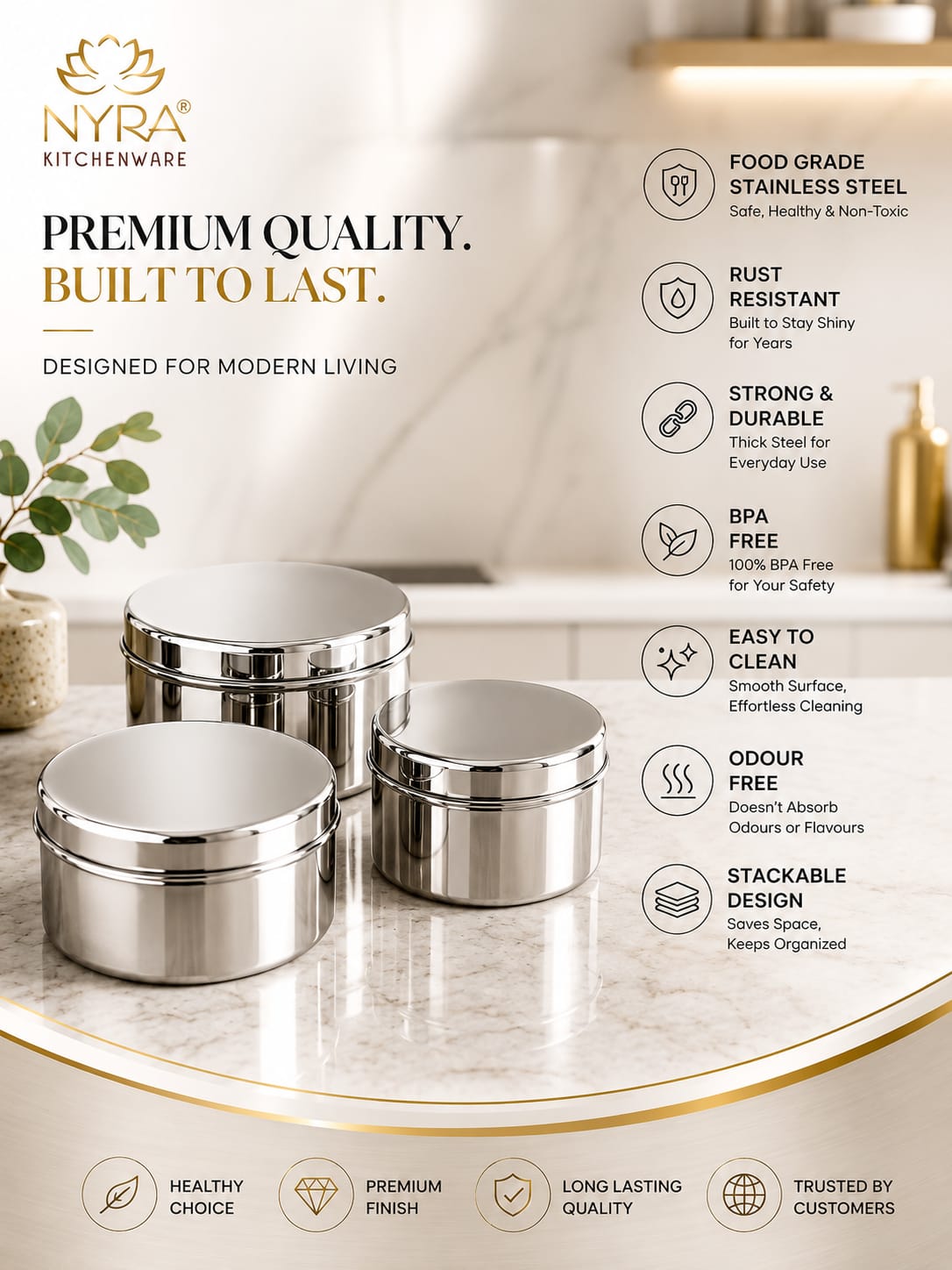 Stainless-Steel Box Round Storage Container (Gol Dibbi/Dabba)- Set of 3