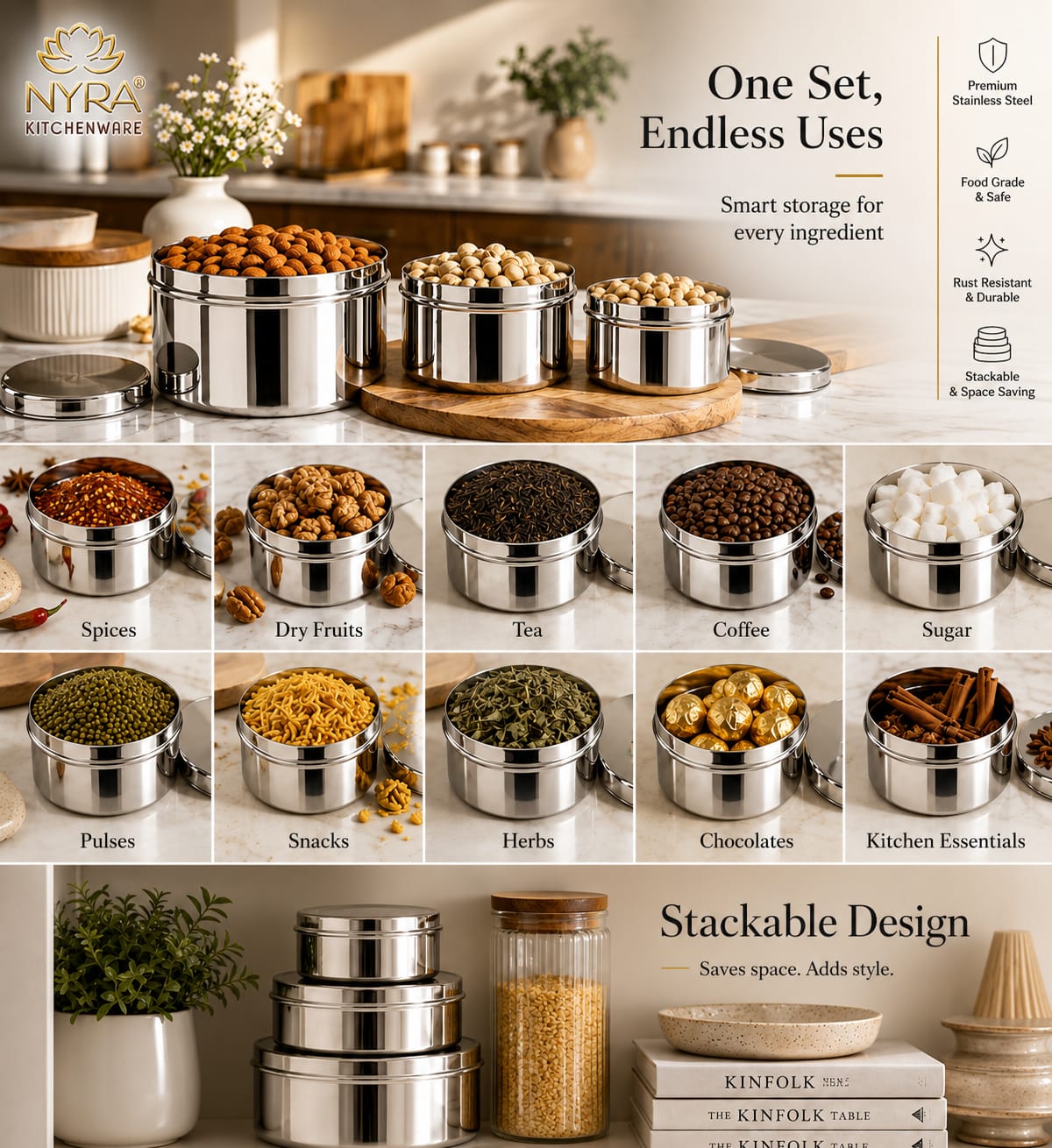 Stainless-Steel Box Round Storage Container (Gol Dibbi/Dabba)- Set of 3