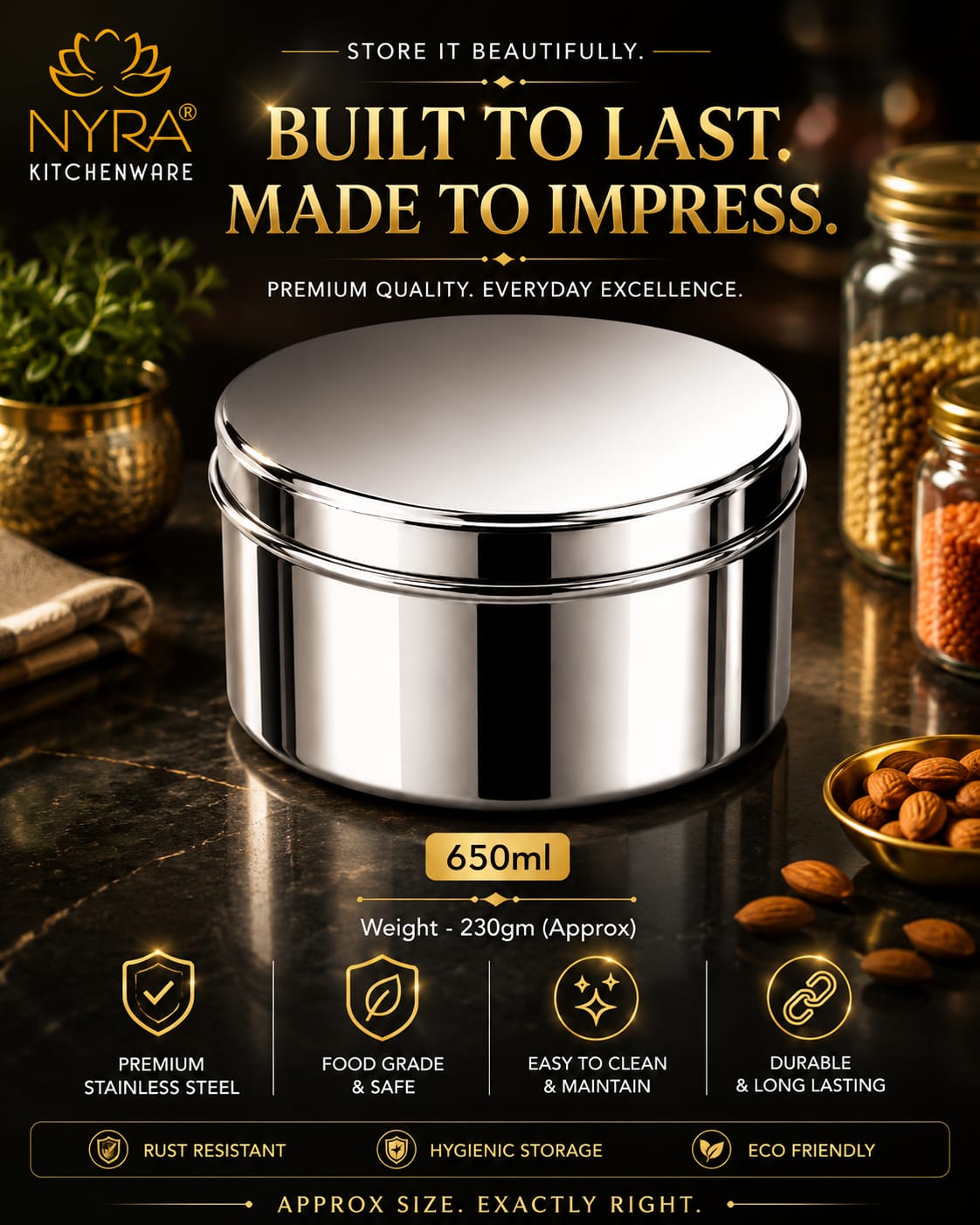 Stainless-Steel Box Round Storage Container (Gol Dibbi/Dabba)- Set of 3
