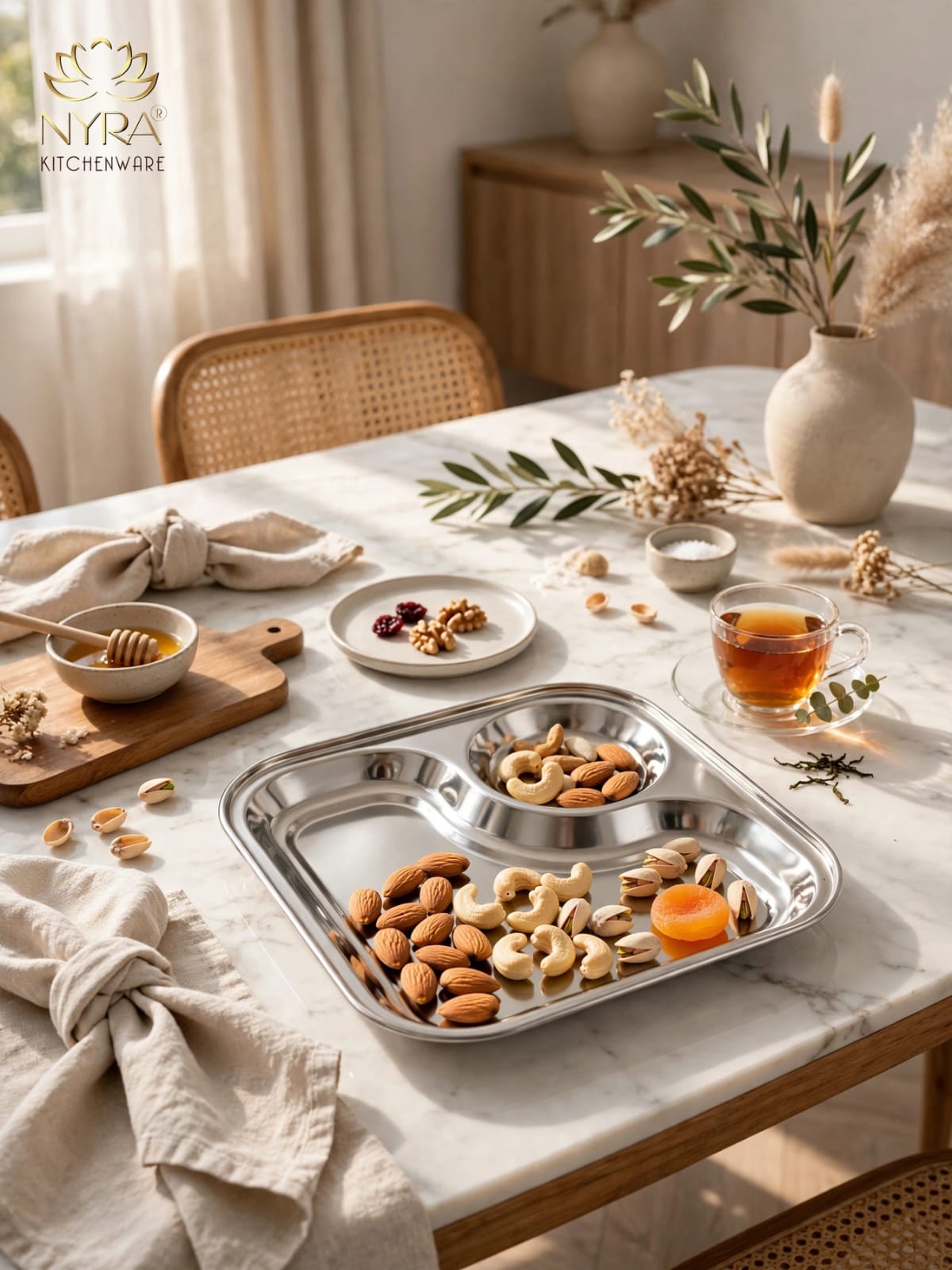Stainless Steel 2-in-1 Snack Plate | Classy Dual Compartment Square Plate