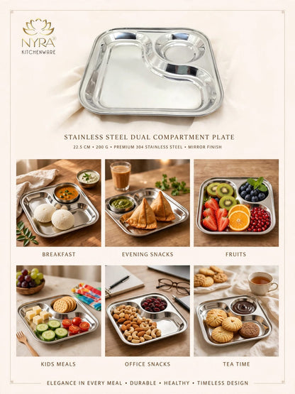 Stainless Steel 2-in-1 Snack Plate | Classy Dual Compartment Square Plate