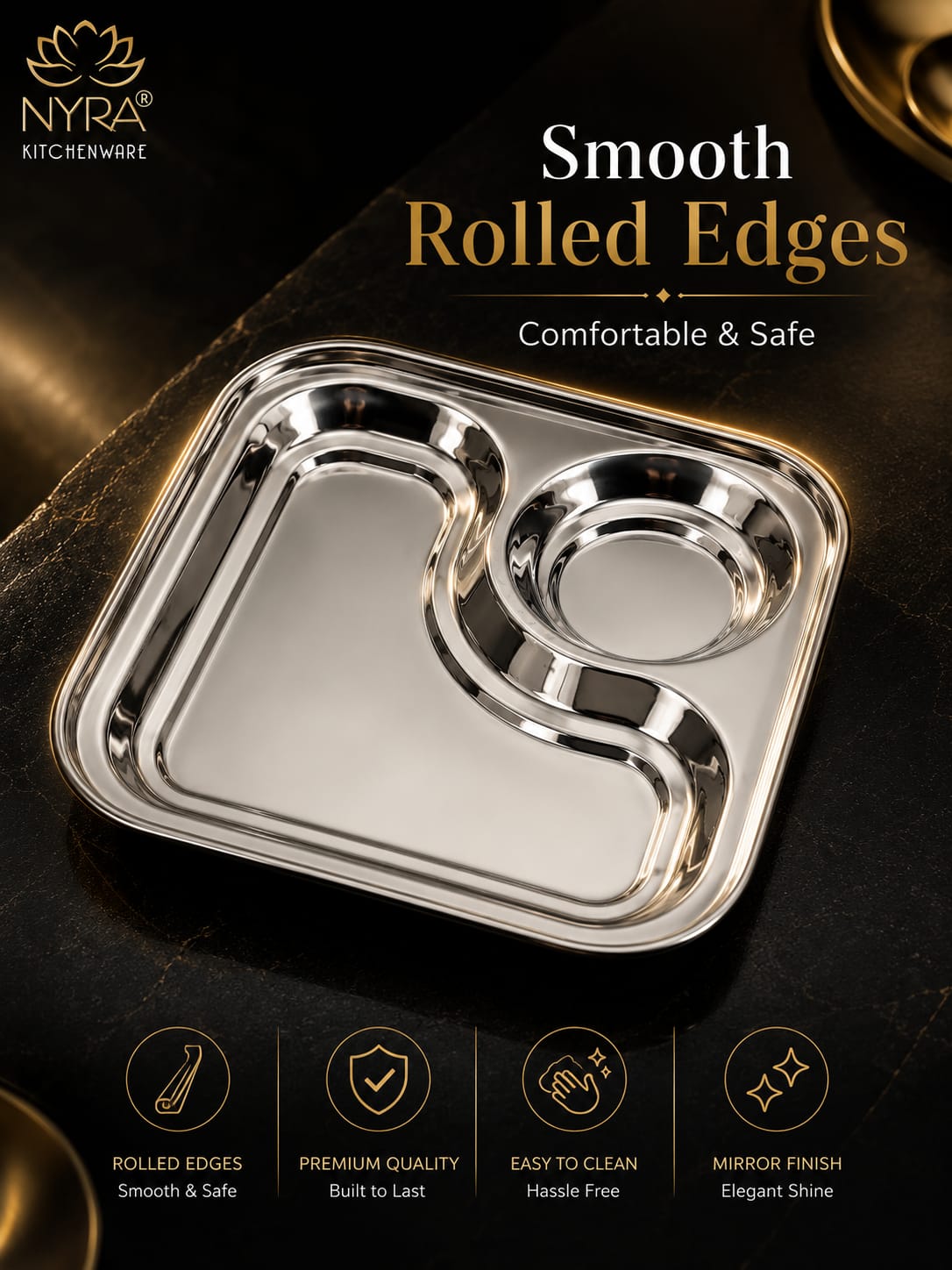 Stainless Steel 2-in-1 Snack Plate | Classy Dual Compartment Square Plate