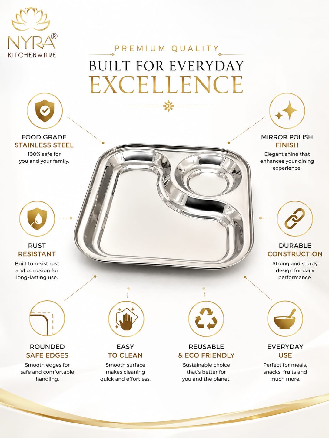 Stainless Steel 2-in-1 Snack Plate | Classy Dual Compartment Square Plate