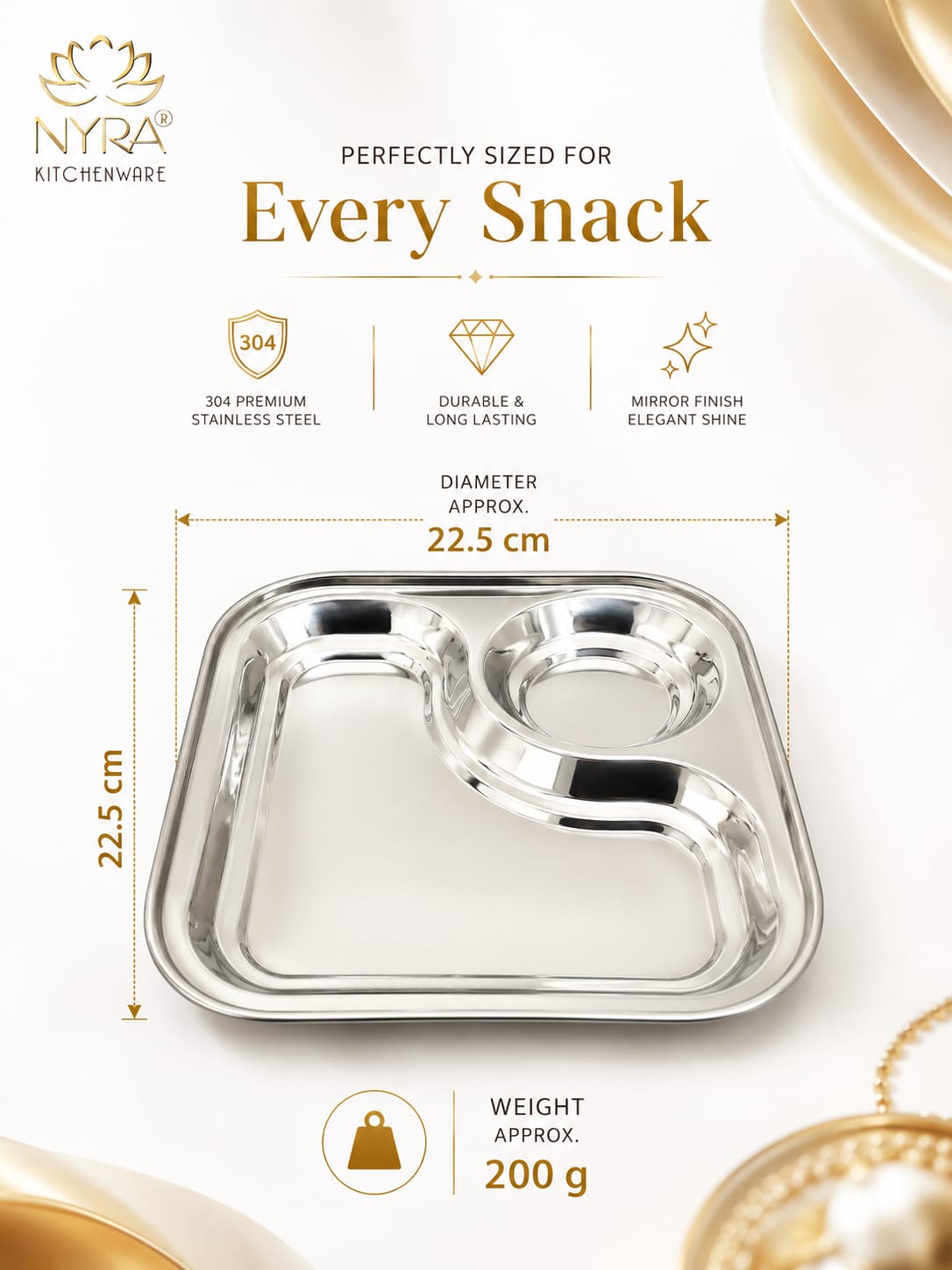 Stainless Steel 2-in-1 Snack Plate | Classy Dual Compartment Square Plate