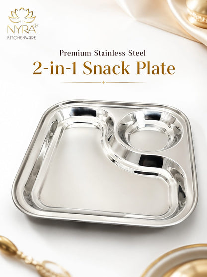 Stainless Steel 2-in-1 Snack Plate | Classy Dual Compartment Square Plate