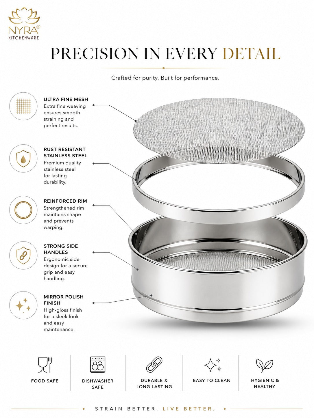 Stainless Steel Fine Mesh Seive | Aata Chalni – Ideal for Kitchen Sifting | Set of 3