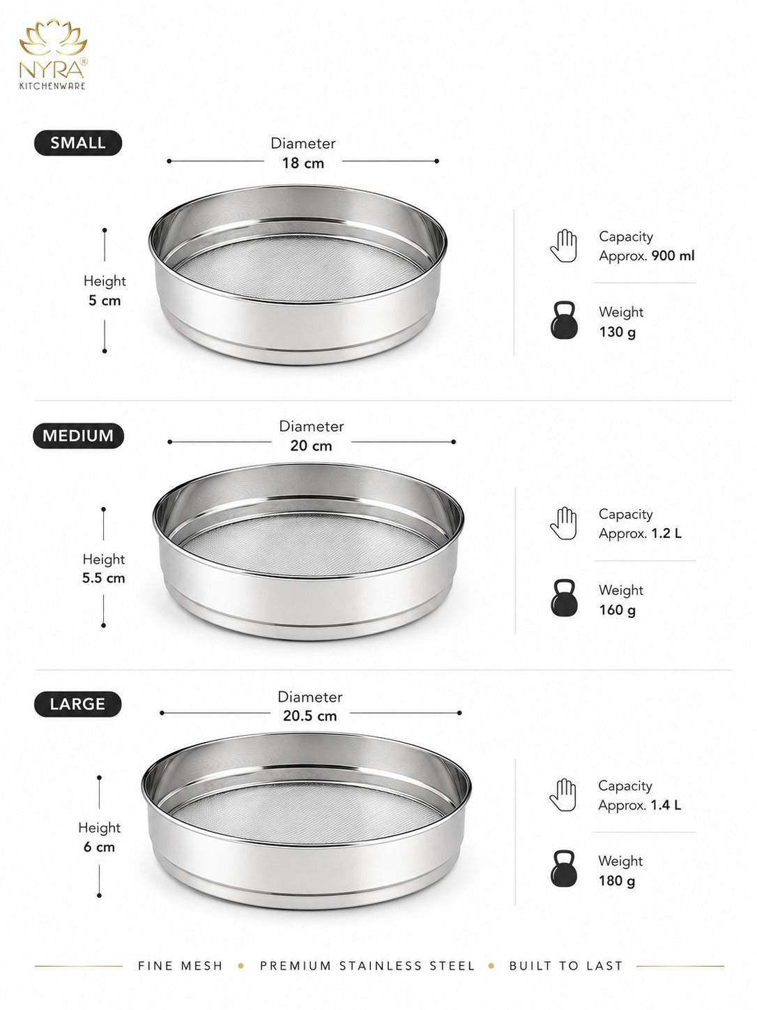 Stainless Steel Fine Mesh Seive | Aata Chalni – Ideal for Kitchen Sifting | Set of 3