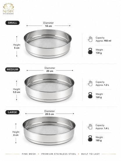 Stainless Steel Fine Mesh Seive | Aata Chalni – Ideal for Kitchen Sifting | Set of 3