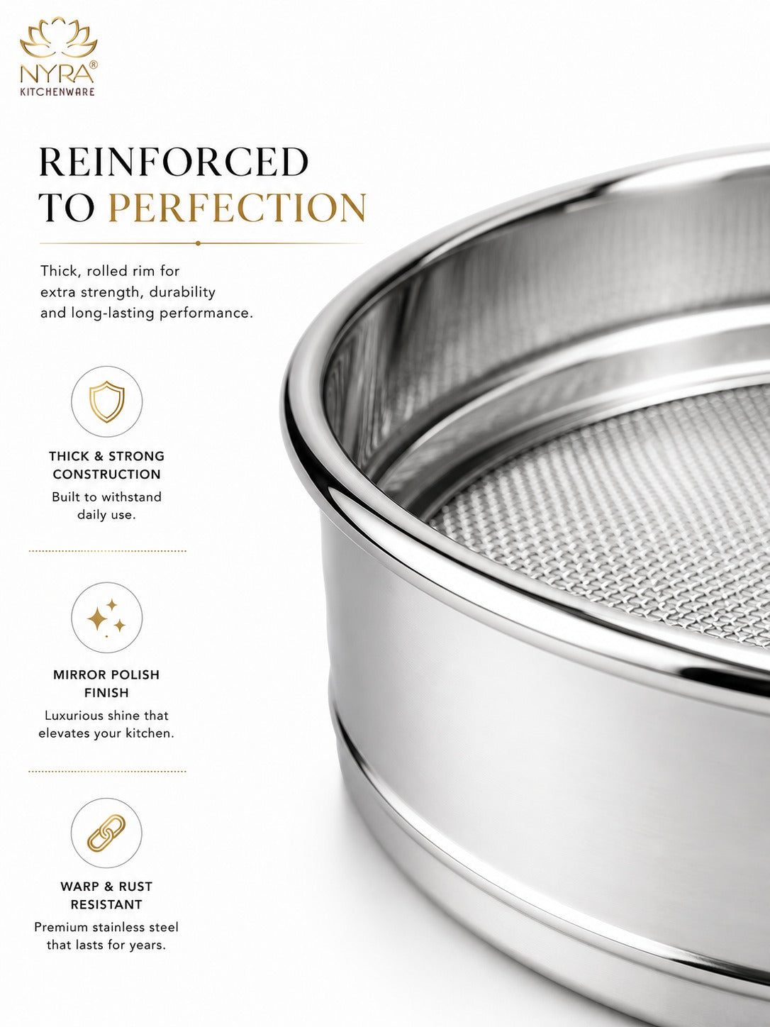 Stainless Steel Fine Mesh Seive | Aata Chalni – Ideal for Kitchen Sifting | Set of 3