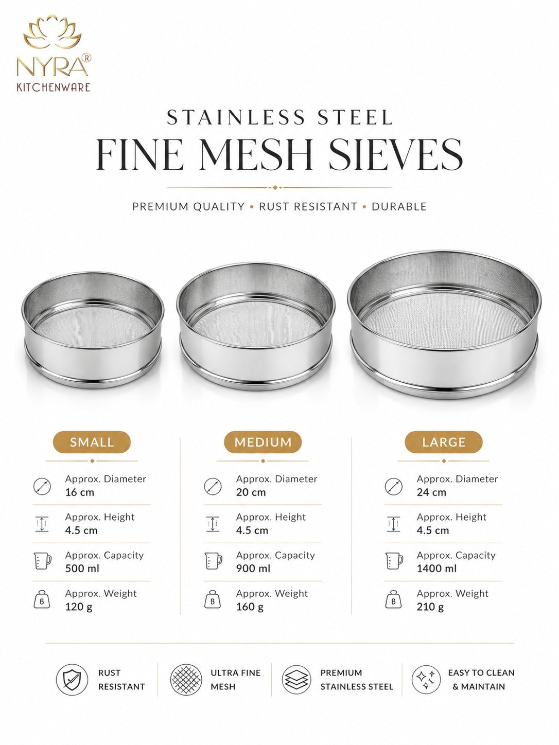 Stainless Steel Fine Mesh Seive | Aata Chalni – Ideal for Kitchen Sifting | Set of 3