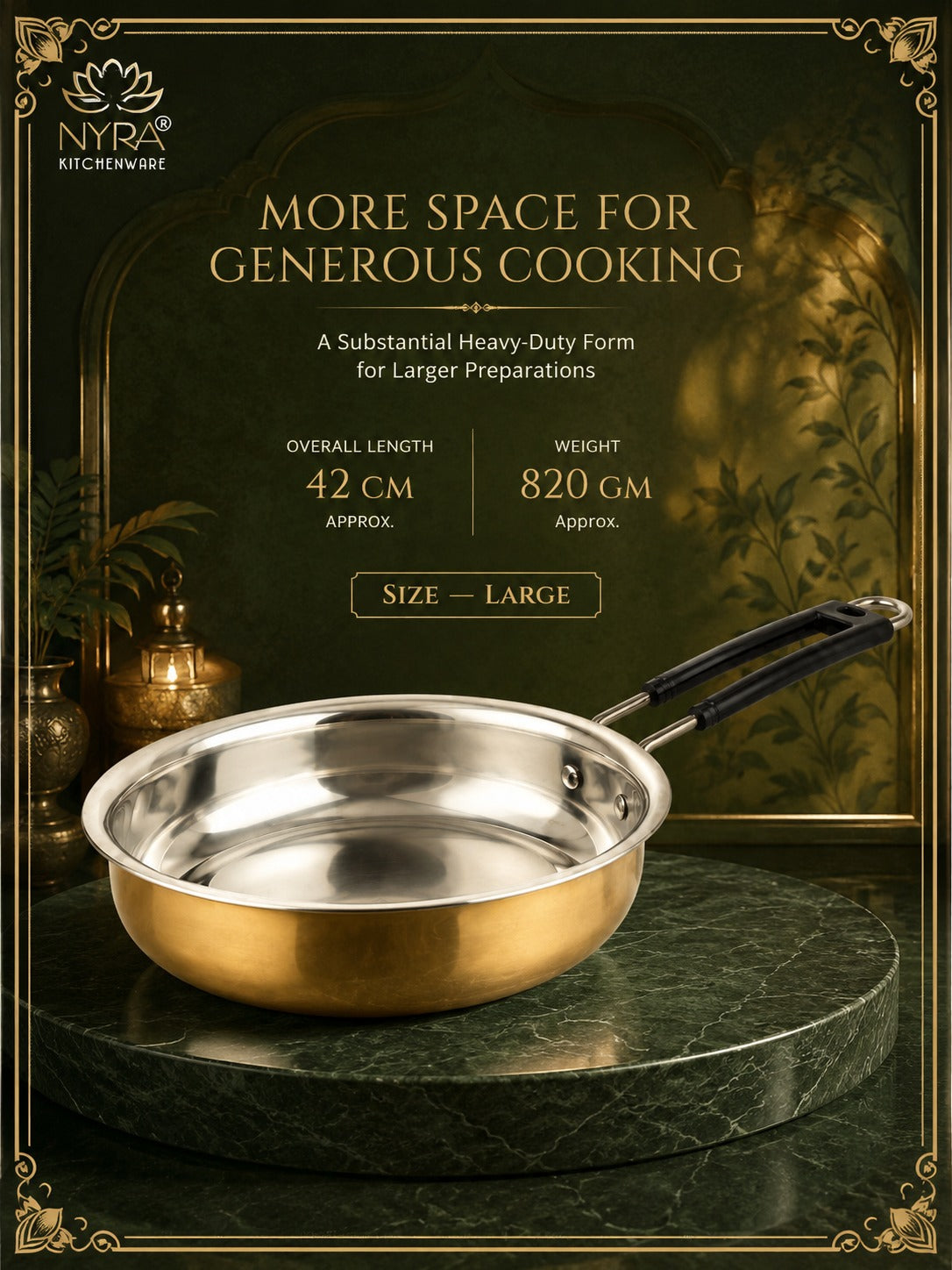 Heavy-Duty Brass Fry Pan (Kalai Coated) | Traditional Peetal Cookware with Dual Handles