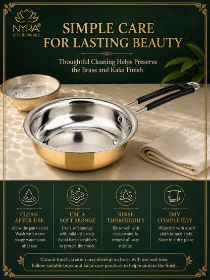 Heavy-Duty Brass Fry Pan (Kalai Coated) | Traditional Peetal Cookware with Dual Handles
