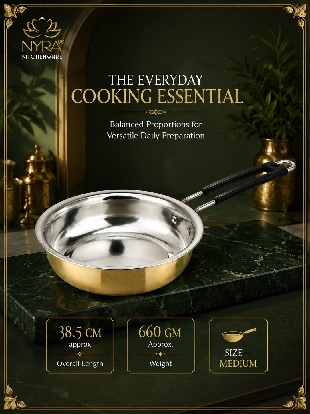Heavy-Duty Brass Fry Pan (Kalai Coated) | Traditional Peetal Cookware with Dual Handles