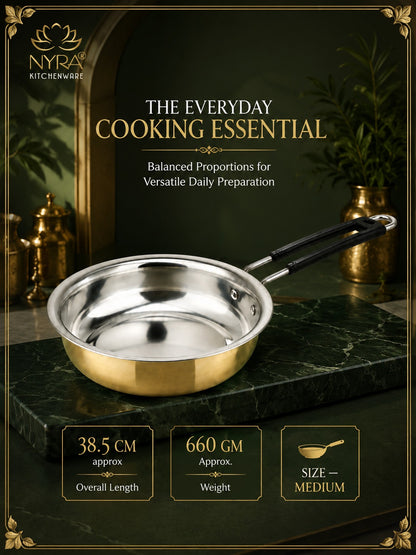 Heavy-Duty Brass Fry Pan (Kalai Coated) | Traditional Peetal Cookware with Dual Handles