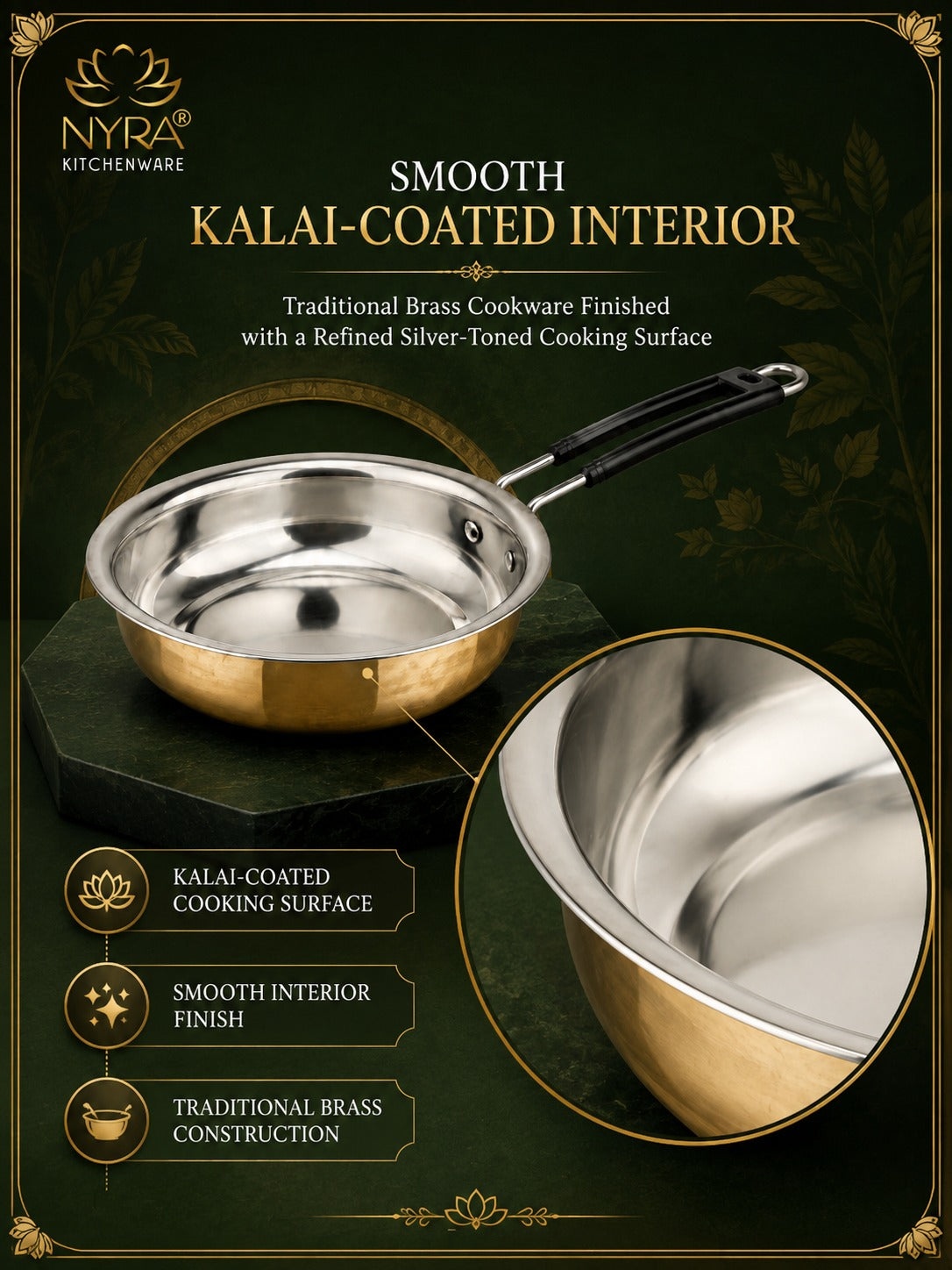Heavy-Duty Brass Fry Pan (Kalai Coated) | Traditional Peetal Cookware with Dual Handles