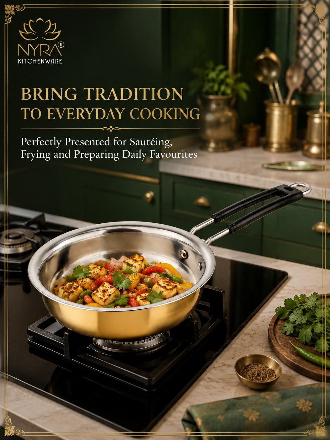 Heavy-Duty Brass Fry Pan (Kalai Coated) | Traditional Peetal Cookware with Dual Handles