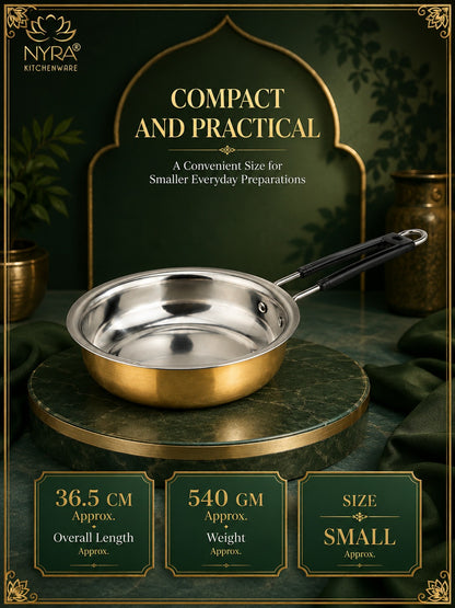 Heavy-Duty Brass Fry Pan (Kalai Coated) | Traditional Peetal Cookware with Dual Handles