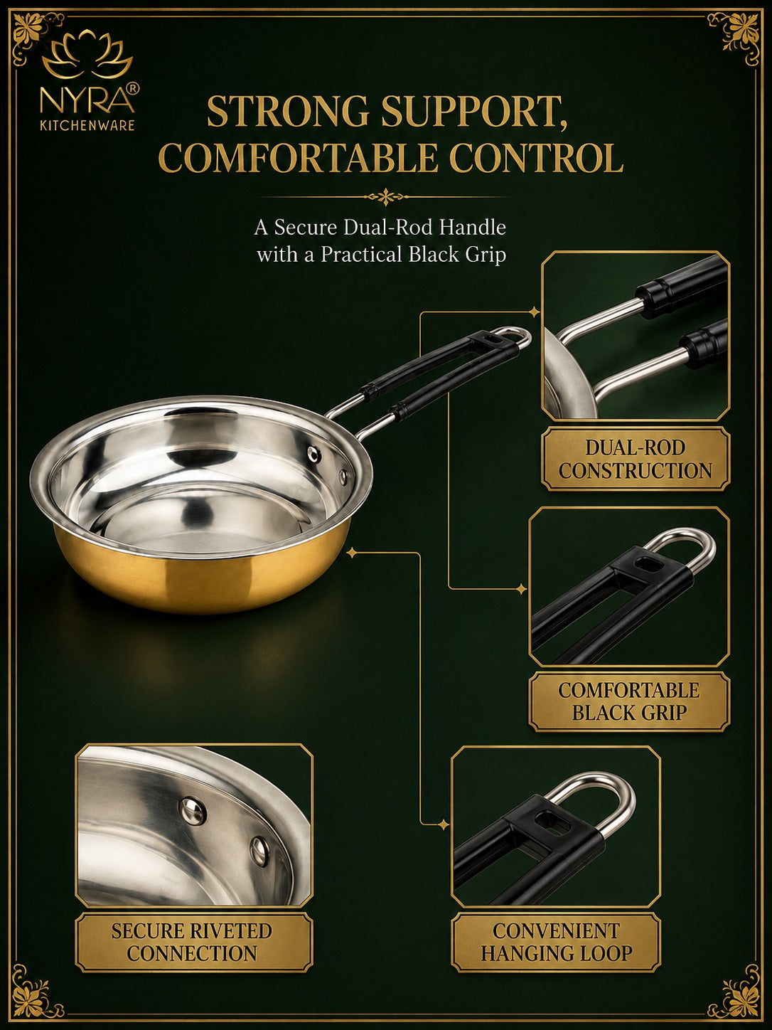 Heavy-Duty Brass Fry Pan (Kalai Coated) | Traditional Peetal Cookware with Dual Handles