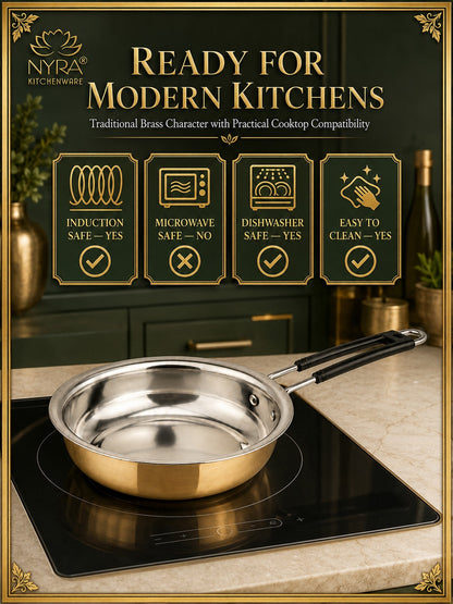 Heavy-Duty Brass Fry Pan (Kalai Coated) | Traditional Peetal Cookware with Dual Handles