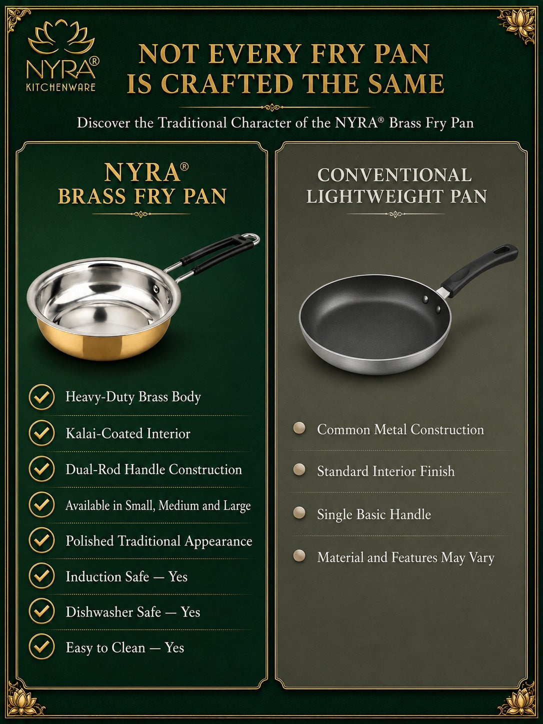 Heavy-Duty Brass Fry Pan (Kalai Coated) | Traditional Peetal Cookware with Dual Handles