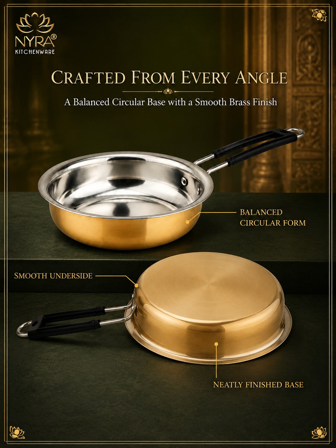 Heavy-Duty Brass Fry Pan (Kalai Coated) | Traditional Peetal Cookware with Dual Handles