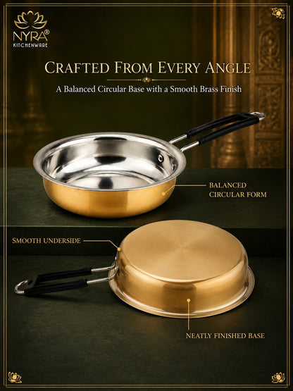 Heavy-Duty Brass Fry Pan (Kalai Coated) | Traditional Peetal Cookware with Dual Handles