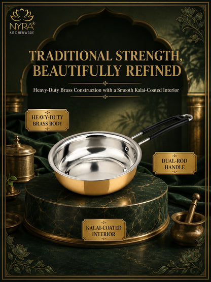 Heavy-Duty Brass Fry Pan (Kalai Coated) | Traditional Peetal Cookware with Dual Handles