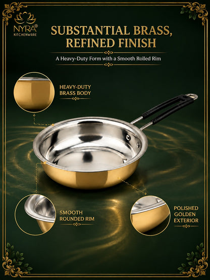 Heavy-Duty Brass Fry Pan (Kalai Coated) | Traditional Peetal Cookware with Dual Handles