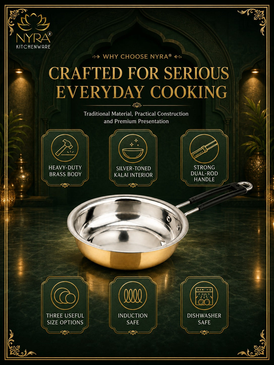 Heavy-Duty Brass Fry Pan (Kalai Coated) | Traditional Peetal Cookware with Dual Handles