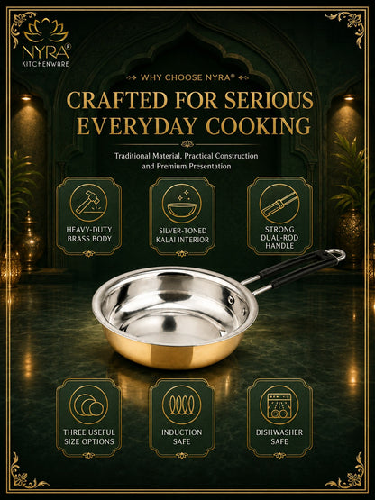 Heavy-Duty Brass Fry Pan (Kalai Coated) | Traditional Peetal Cookware with Dual Handles