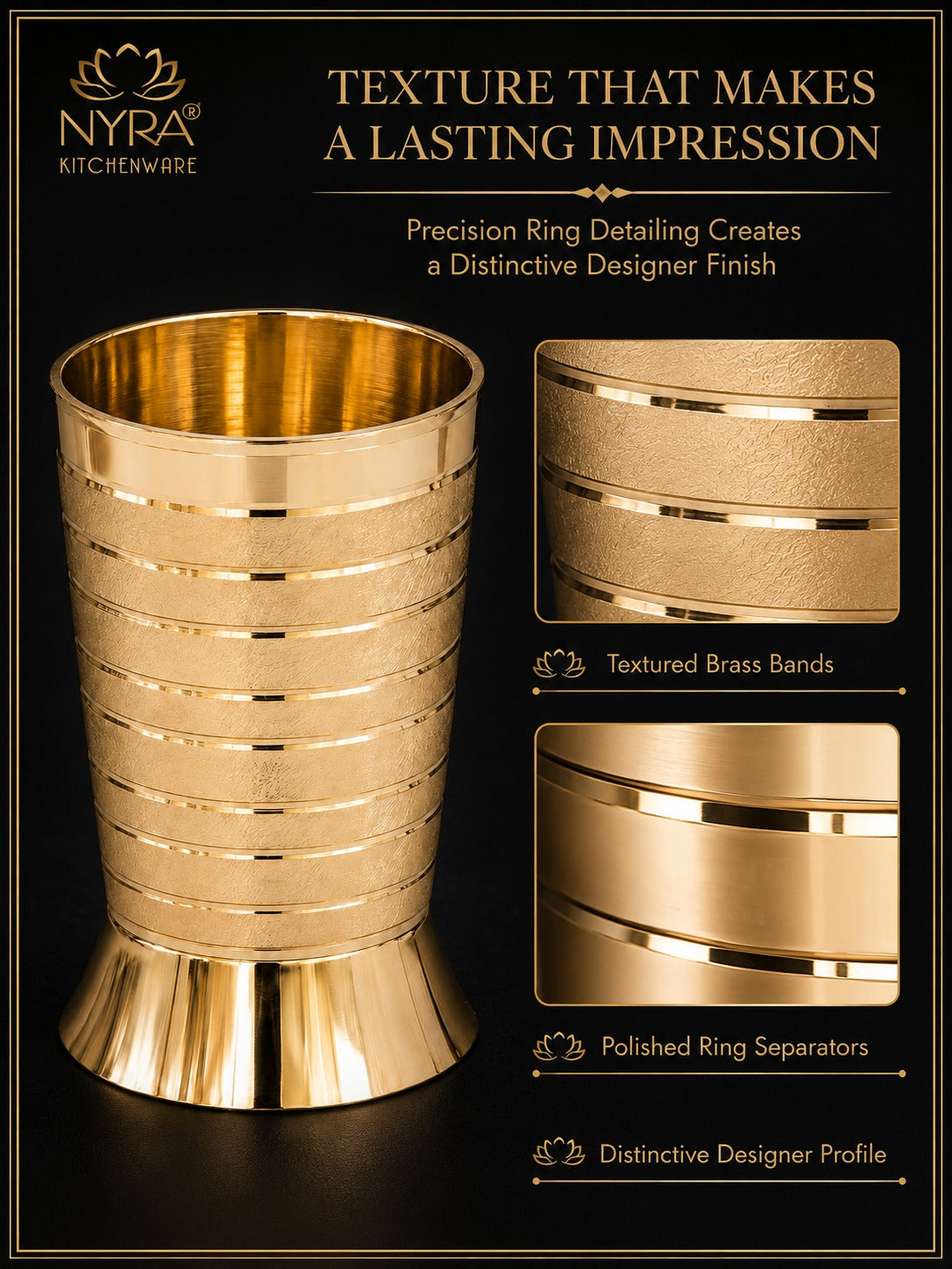 Pure Brass Peetal Designer Glass – Textured Ring Tumbler | Ayurvedic Pital Jal Drinkware