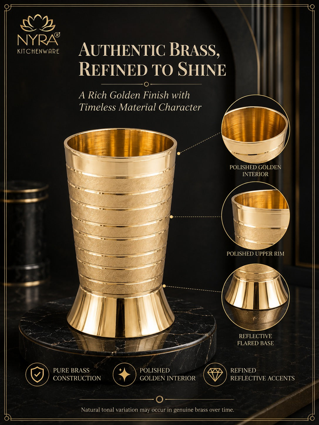 Pure Brass Peetal Designer Glass – Textured Ring Tumbler | Ayurvedic Pital Jal Drinkware