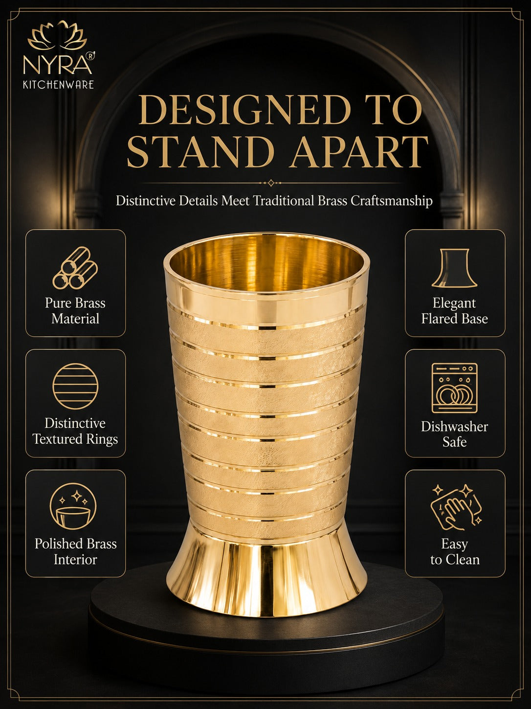 Pure Brass Peetal Designer Glass – Textured Ring Tumbler | Ayurvedic Pital Jal Drinkware
