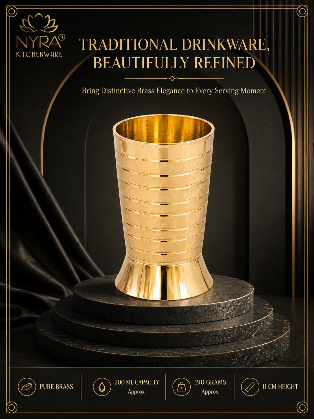 Pure Brass Peetal Designer Glass – Textured Ring Tumbler | Ayurvedic Pital Jal Drinkware