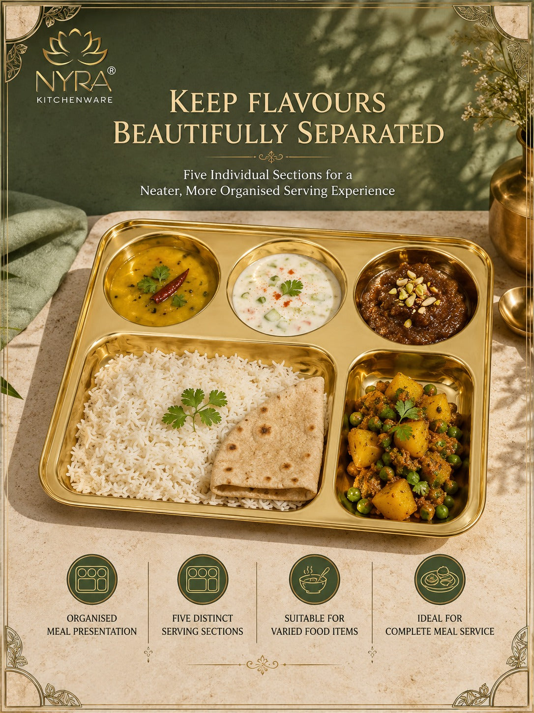 Traditional Brass Bhojan Thali | 5-Compartment Divided Pital Meal Plate