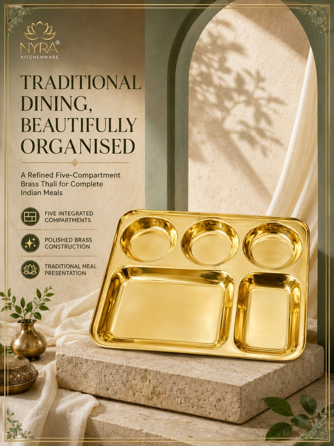 Traditional Brass Bhojan Thali | 5-Compartment Divided Pital Meal Plate