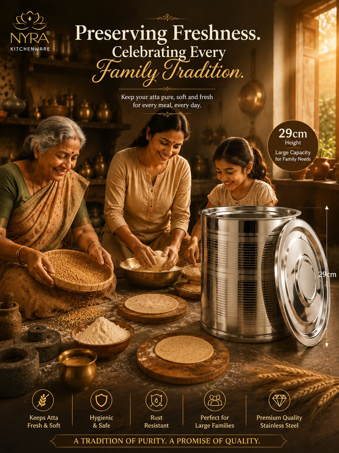 Stainless Steel Atta Storage Container/Box/Drum/Pawali