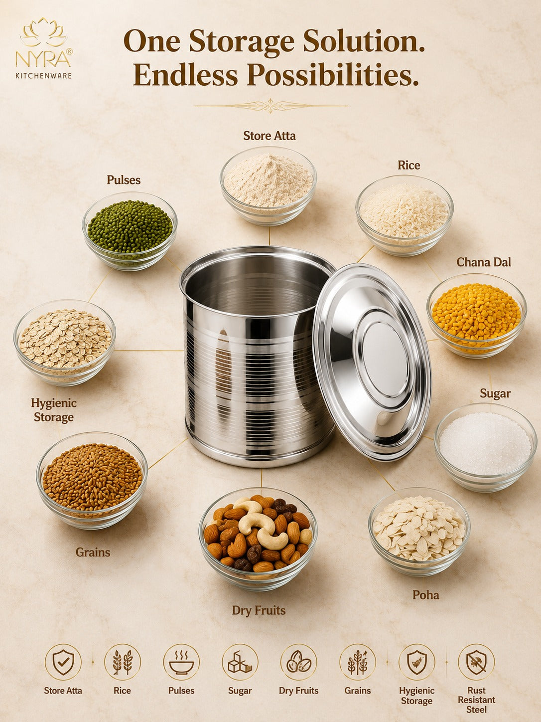 Stainless Steel Atta Storage Container/Box/Drum/Pawali