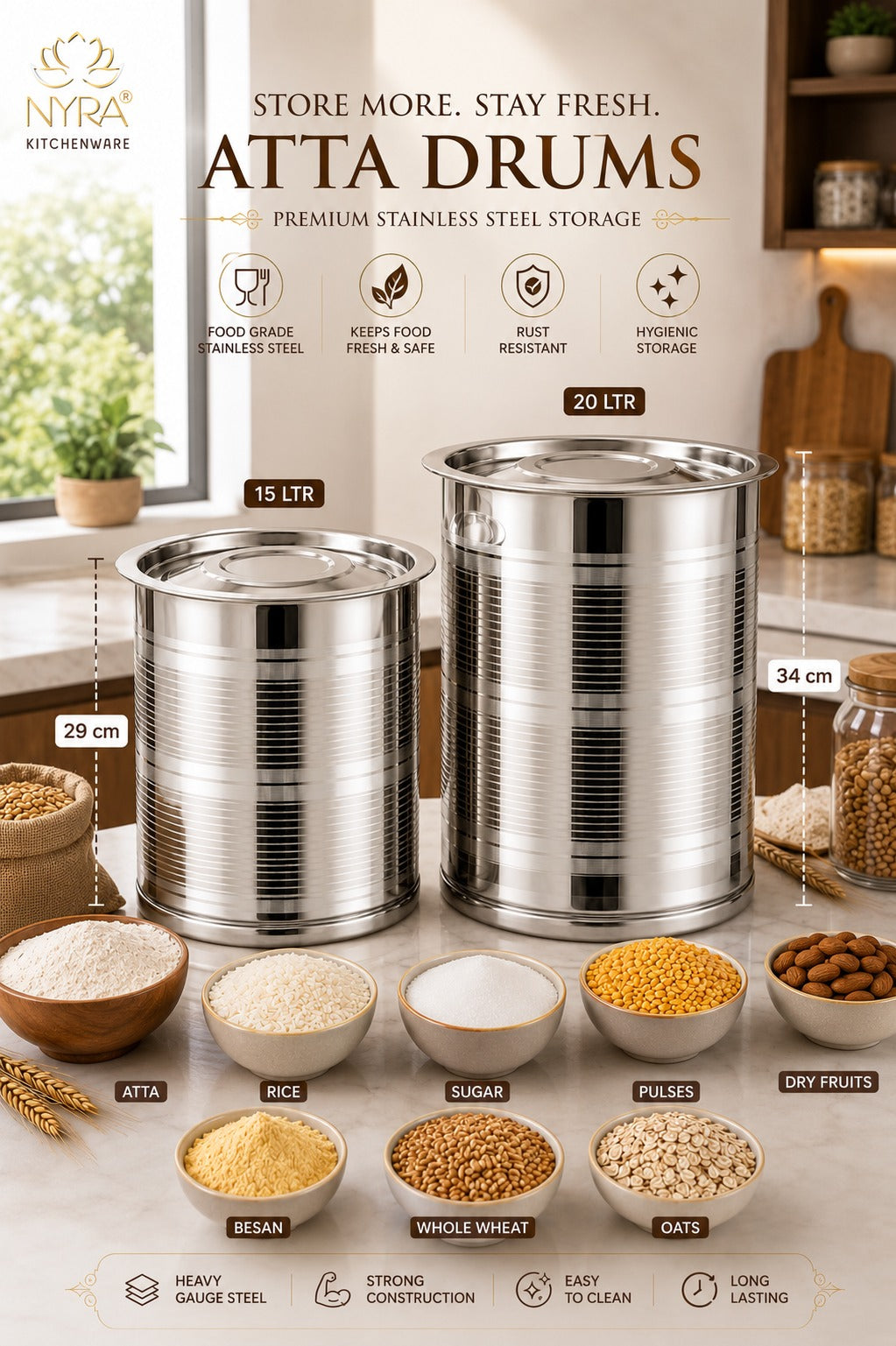 Stainless Steel Atta Storage Container/Box/Drum/Pawali