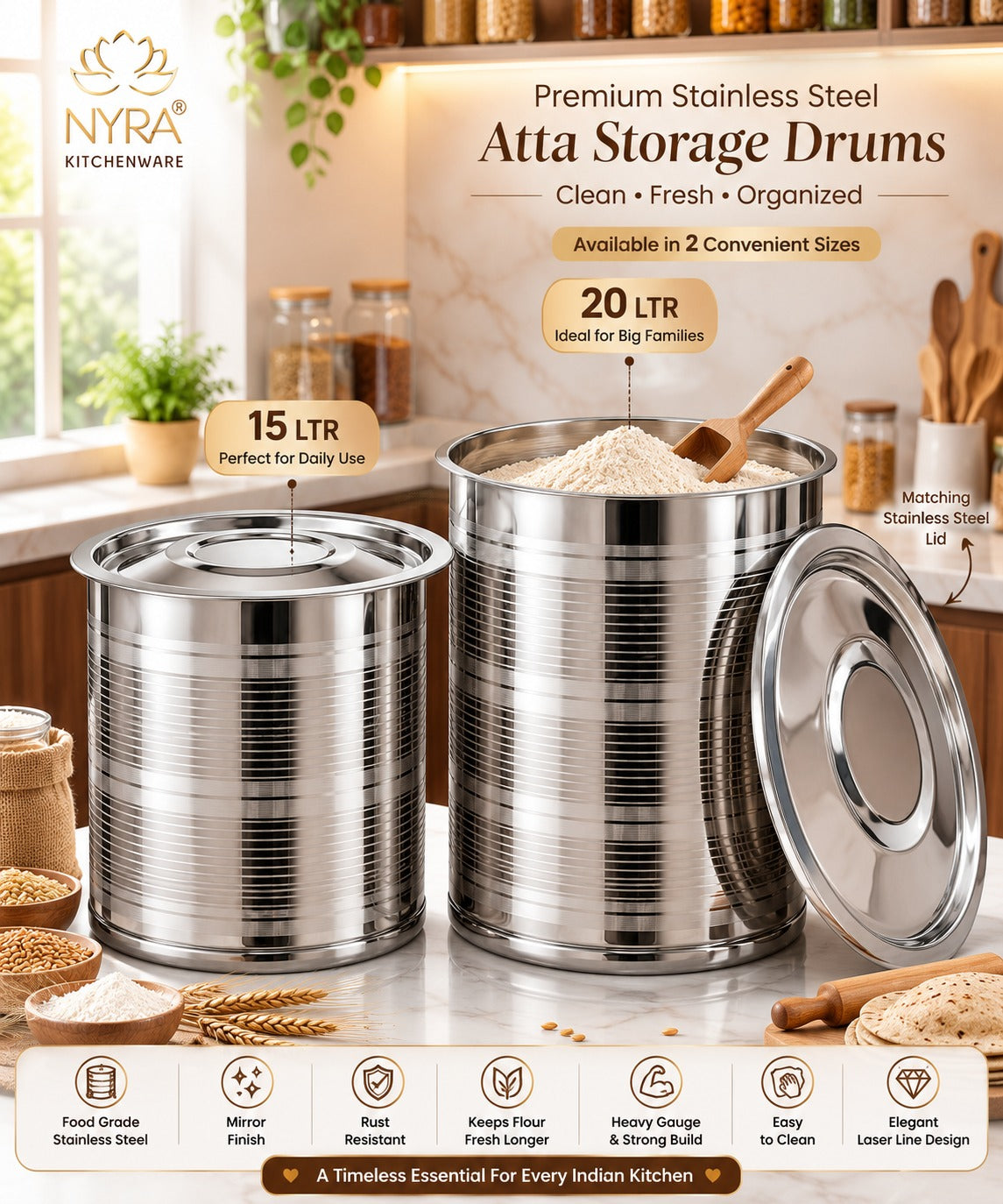 Stainless Steel Atta Storage Container/Box/Drum/Pawali