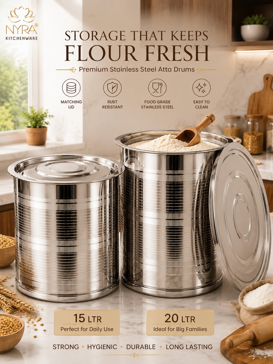 Stainless Steel Atta Storage Container/Box/Drum/Pawali